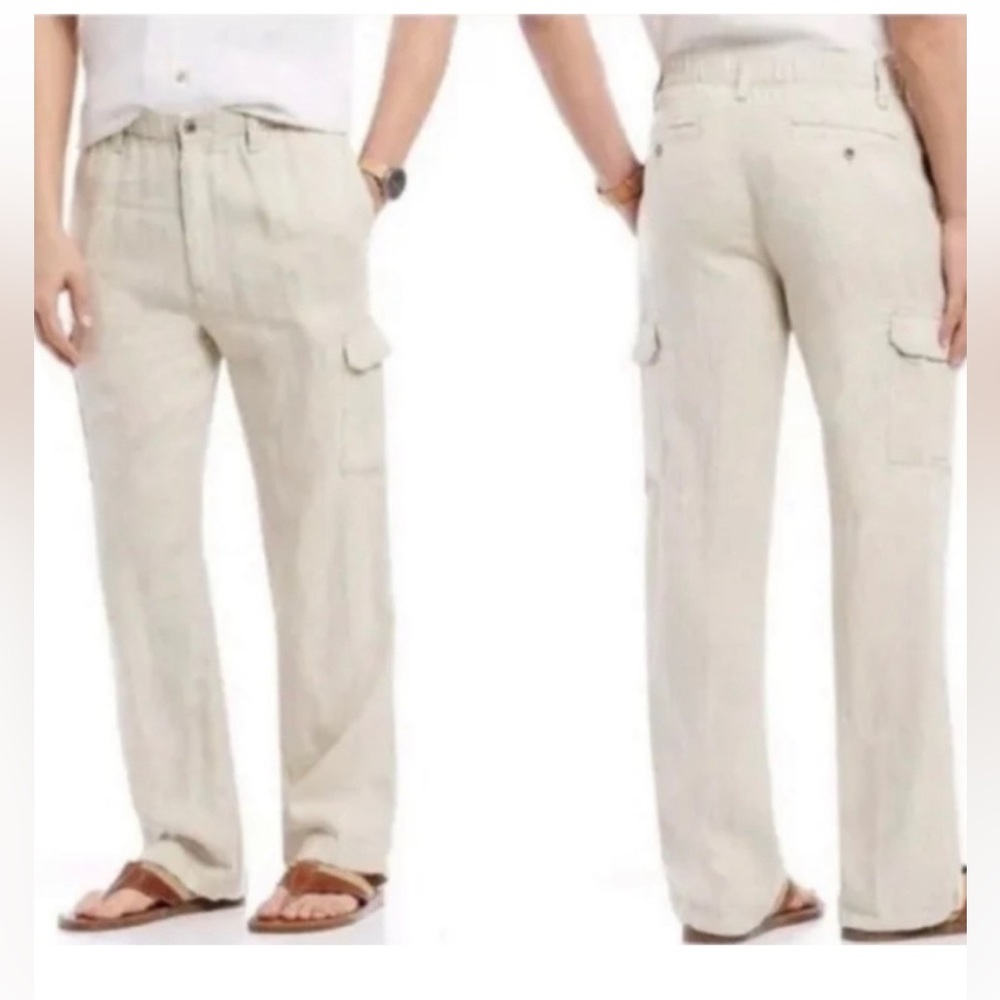 Tommy Bahama Mens 100% Linen Cargo Drawstring Beige Pants, size Large